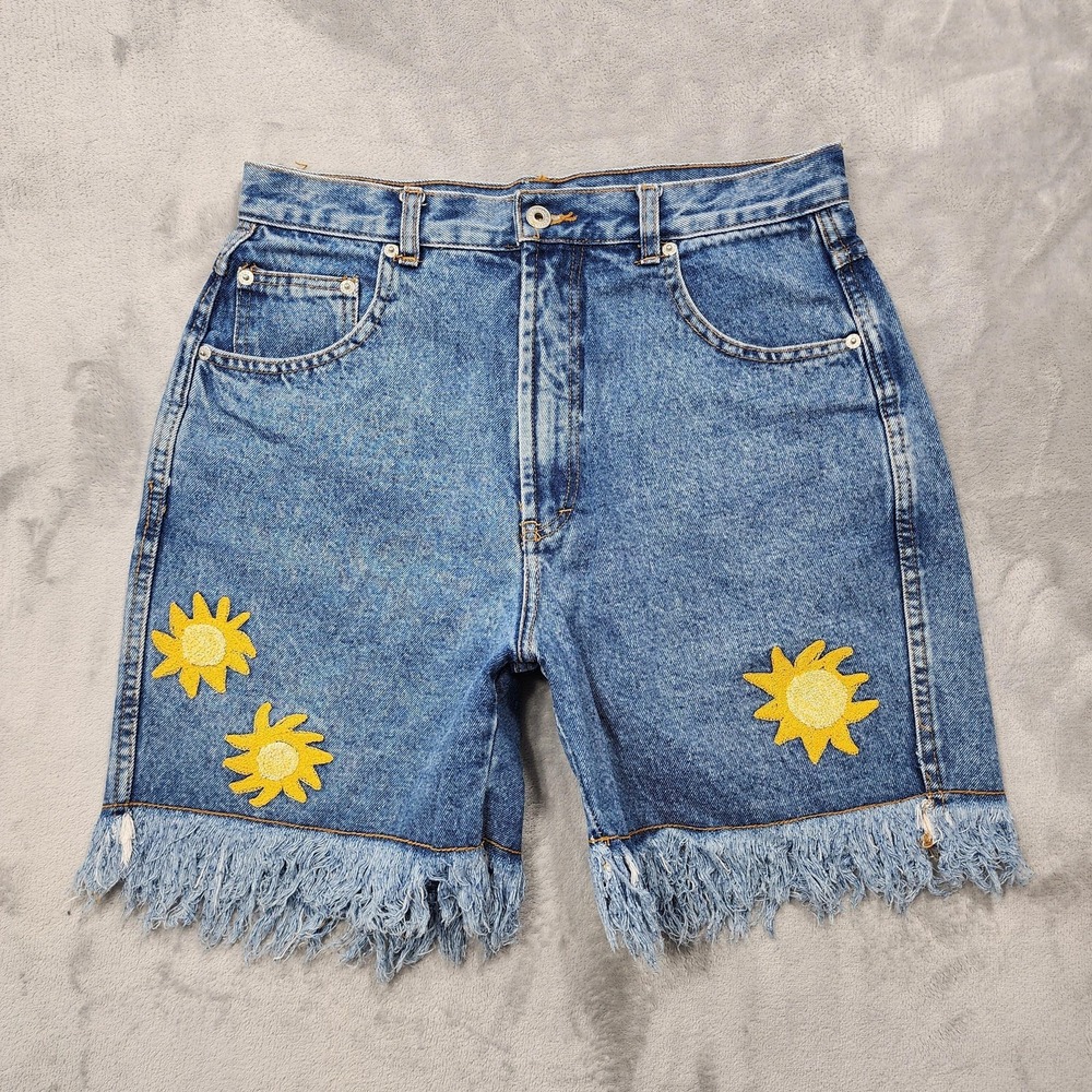 Vintage Jordache Shorts Womens 13/14 Blue Denim Embroidered Sunflower Fringe